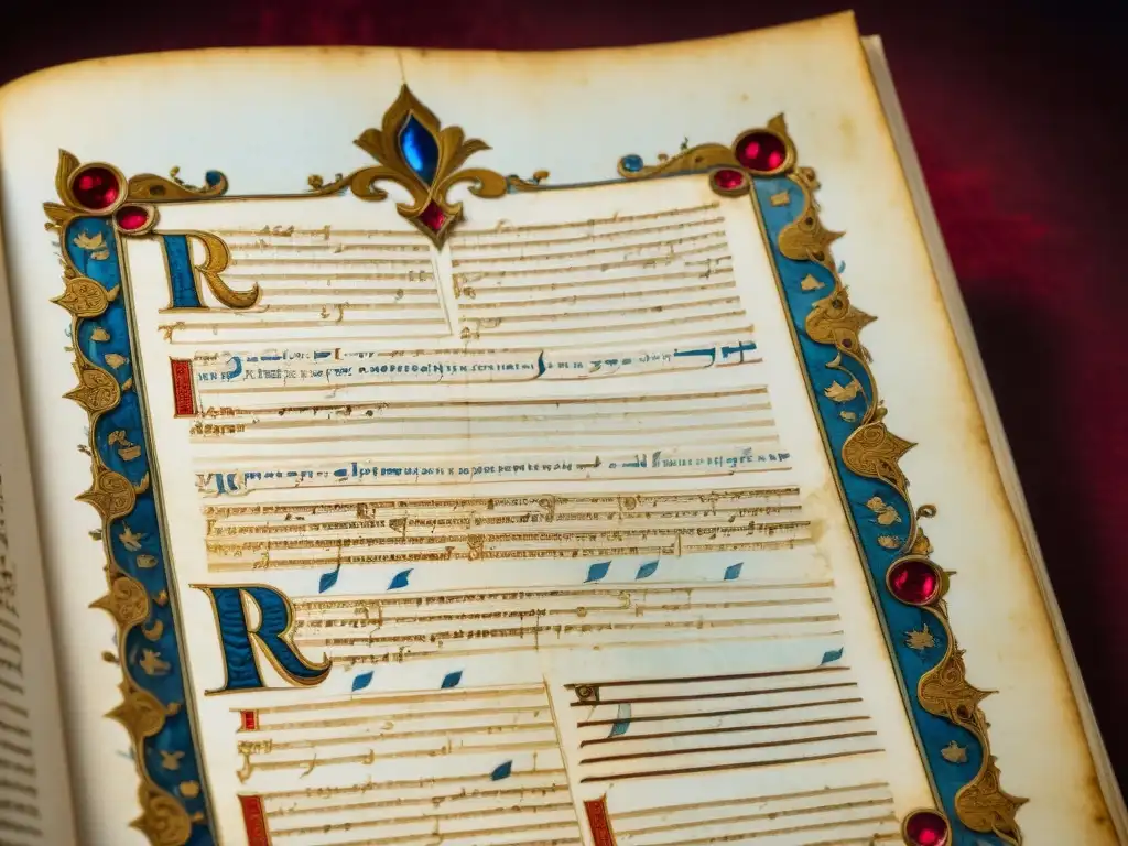 Manuscrito renacentista con caligrafía intrincada y decoración detallada en tonos de azul, rojo y dorado, iluminado suavemente