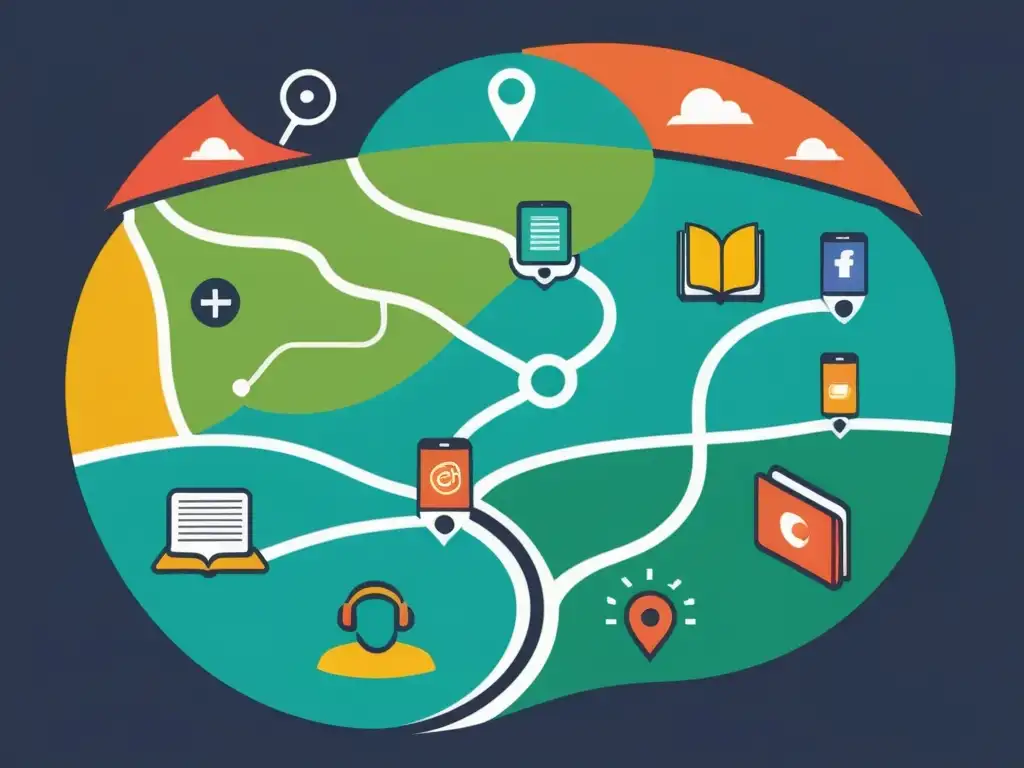 Mapa detallado en varios formatos, simbolizando el marketing transmedia para escritores