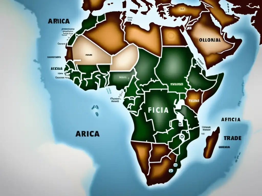 Mapa detallado de África con fronteras coloniales y rutas comerciales