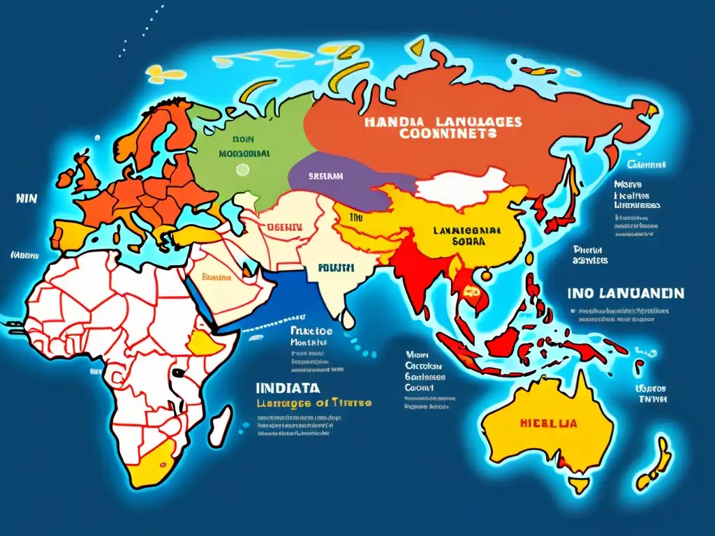 Mapa detallado e ilustrado del impacto de la colonización lingüística en la diversidad de idiomas y culturas a lo largo de los continentes