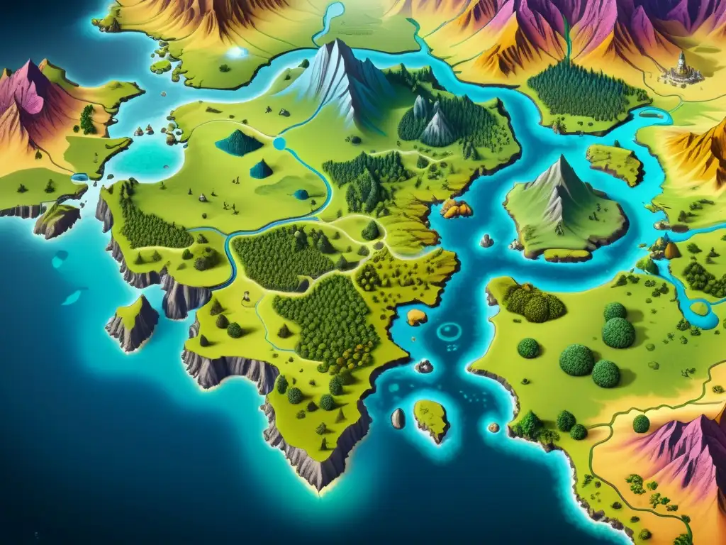 Mapa detallado de un mundo de fantasía, muestra técnicas de worldbuilding en ficción especulativa