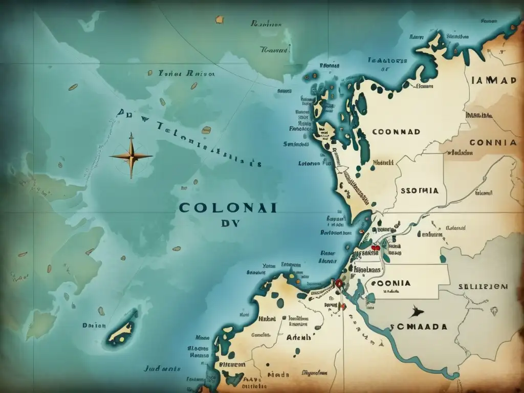 Un mapa envejecido y desgastado, con detalles intrincados, evocando el colonialismo en la literatura de Conrad