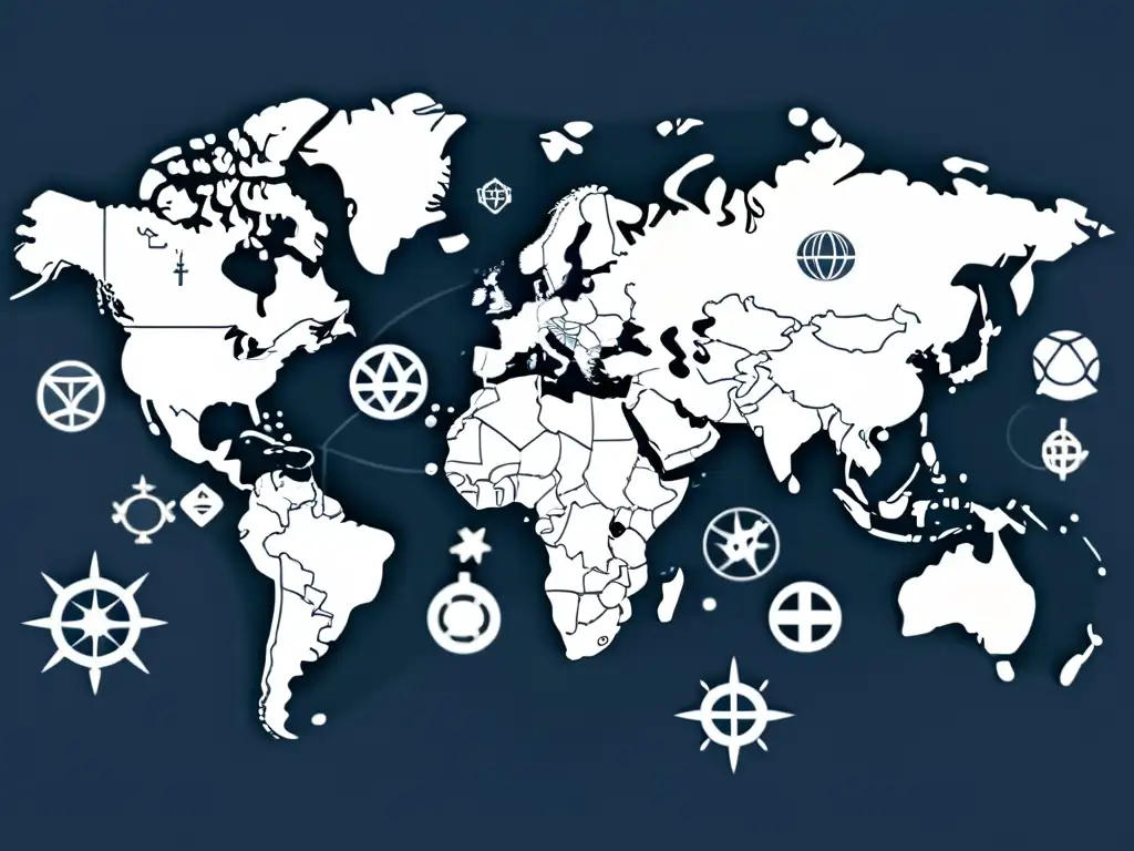 Mapa global de fanfiction en la era moderna, con símbolos e iconos conectados representando diferentes fandoms en un diseño detallado y elegante