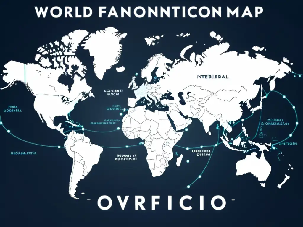 Mapa mundial minimalista con líneas interconectadas representando comunidades globales de fanfiction en la era global