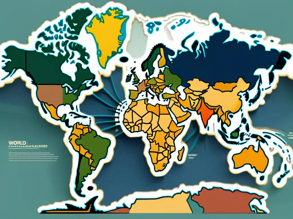 Un mapa del mundo detallado muestra líneas interconectadas que representan las relaciones lingüísticas entre lenguas comparadas