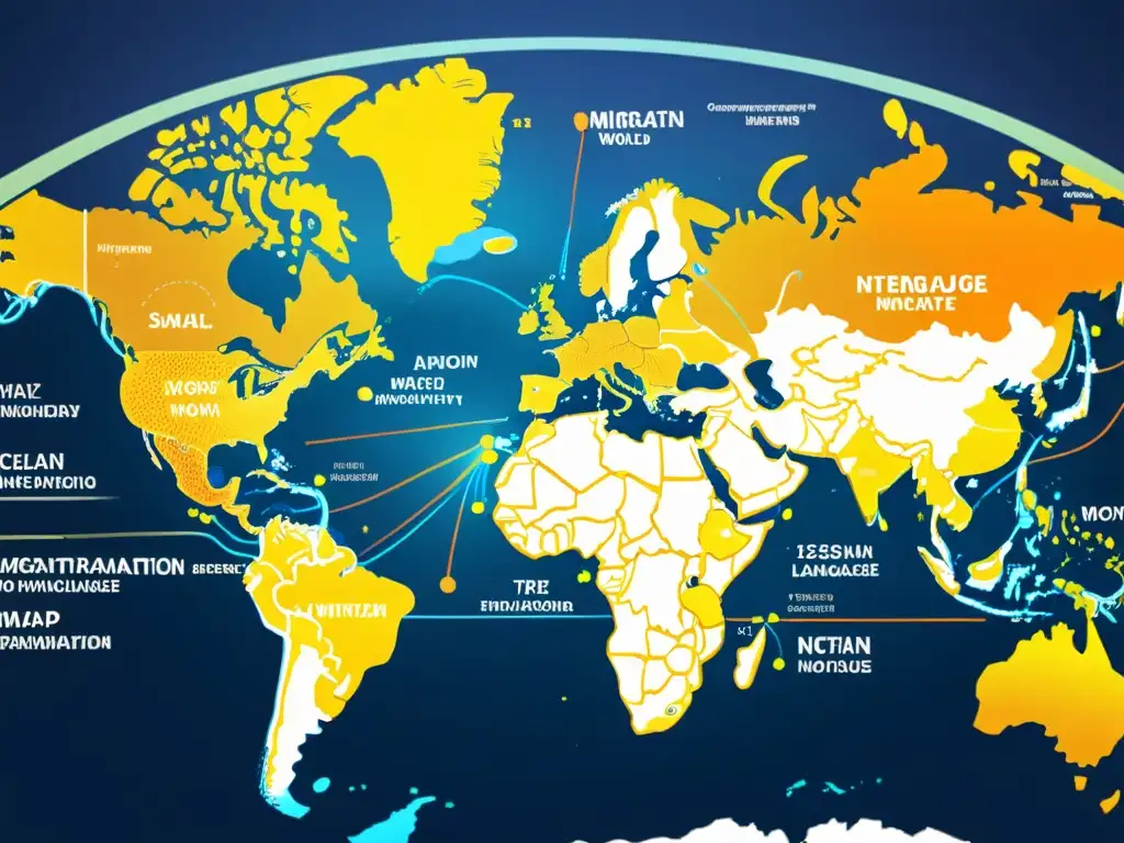 Mapa del mundo con rutas migratorias resaltadas y árboles lingüísticos interconectados mostrando la influencia de migraciones en idioma