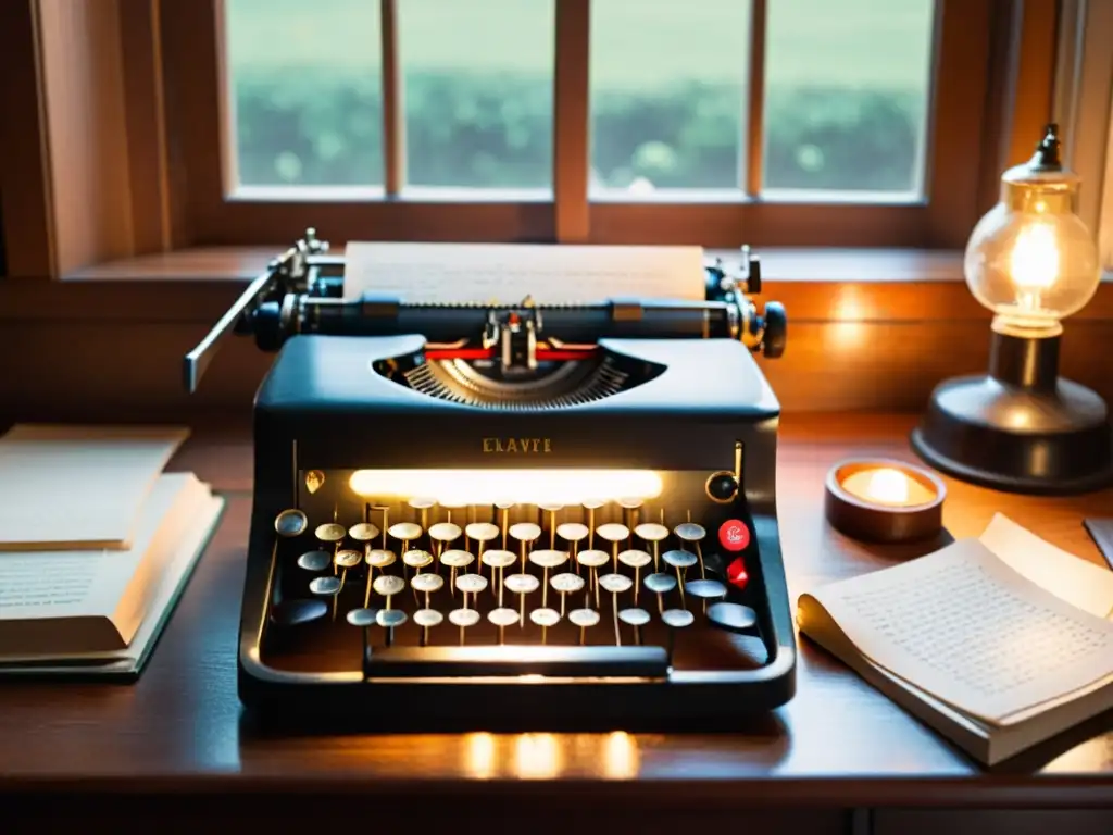 Una máquina de escribir antigua rodeada de cartas manuscritas en un escritorio de madera, iluminada por la luz cálida de una ventana