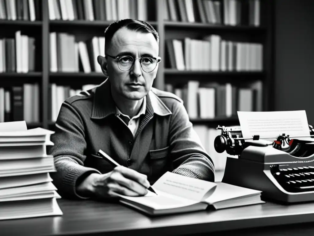 Bertolt Brecht reflexiona en su máquina de escribir, rodeado de libros y papeles