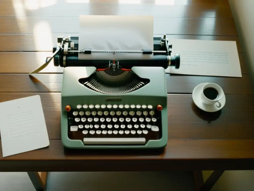 Una máquina de escribir solitaria espera inspiración en un espacio tranquilo, evocando técnicas literarias para crear historias únicas