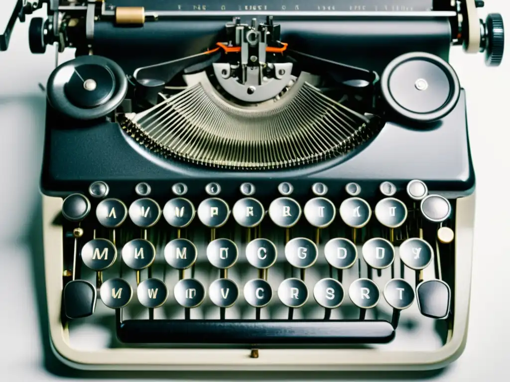 Una máquina de escribir vintage en primer plano, con detalles nítidos y un estilo minimalista
