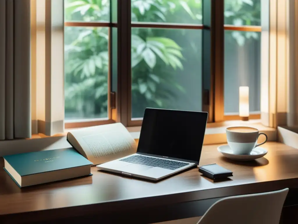 Marca personal para escritores literarios: Escritorio minimalista con libros, laptop y café bañados en luz natural