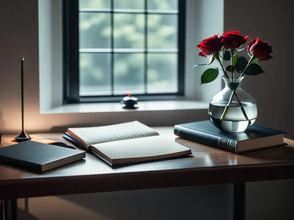 Marca personal para escritores literarios: Escritorio minimalista con laptop, libros, pluma y rosa en vaso, iluminado por luz suave