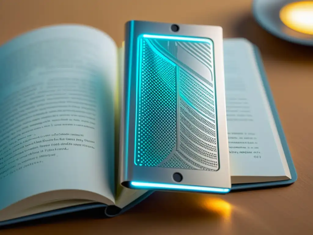 Un marcador de libros metálico con grabados futuristas suspendido sobre un lector electrónico, fusionando lo tradicional y digital en la historia del marcador de libros