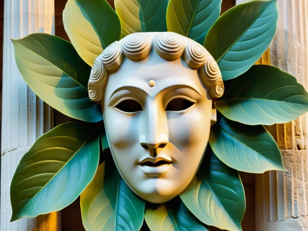 Una máscara teatral clásica griega detallada, mitad expresión trágica y mitad expresión cómica, con columnas de piedra cubiertas de hiedra en el fondo