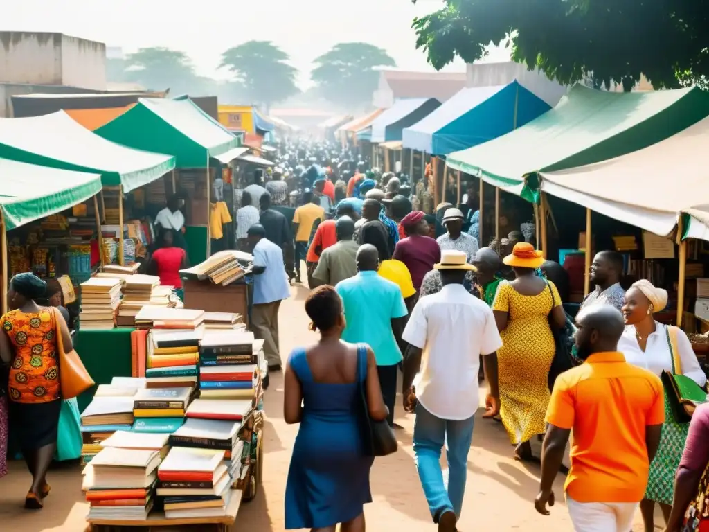 Mercado al aire libre en Lagos, Nigeria, con puestos coloridos de libros de autores africanos y una animada multitud, resaltando la rica literatura africana y la comunidad vibrante del Festival de Literatura de Aké