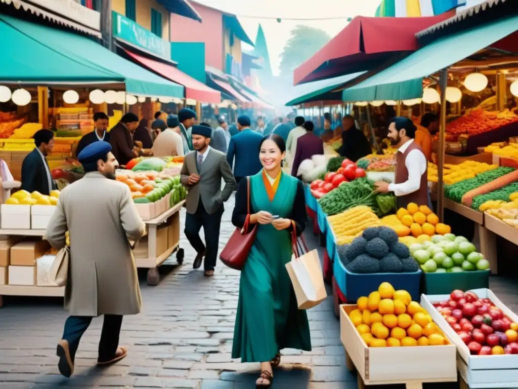 Mercado bullicioso con intercambio cultural y lingüístico, reflejando el impacto del comercio en el lenguaje