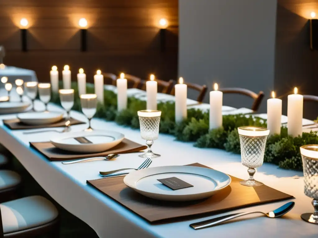 Una mesa elegante para eventos temáticos literarios, con vajilla blanca, cubiertos de plata y libros como centro de mesa