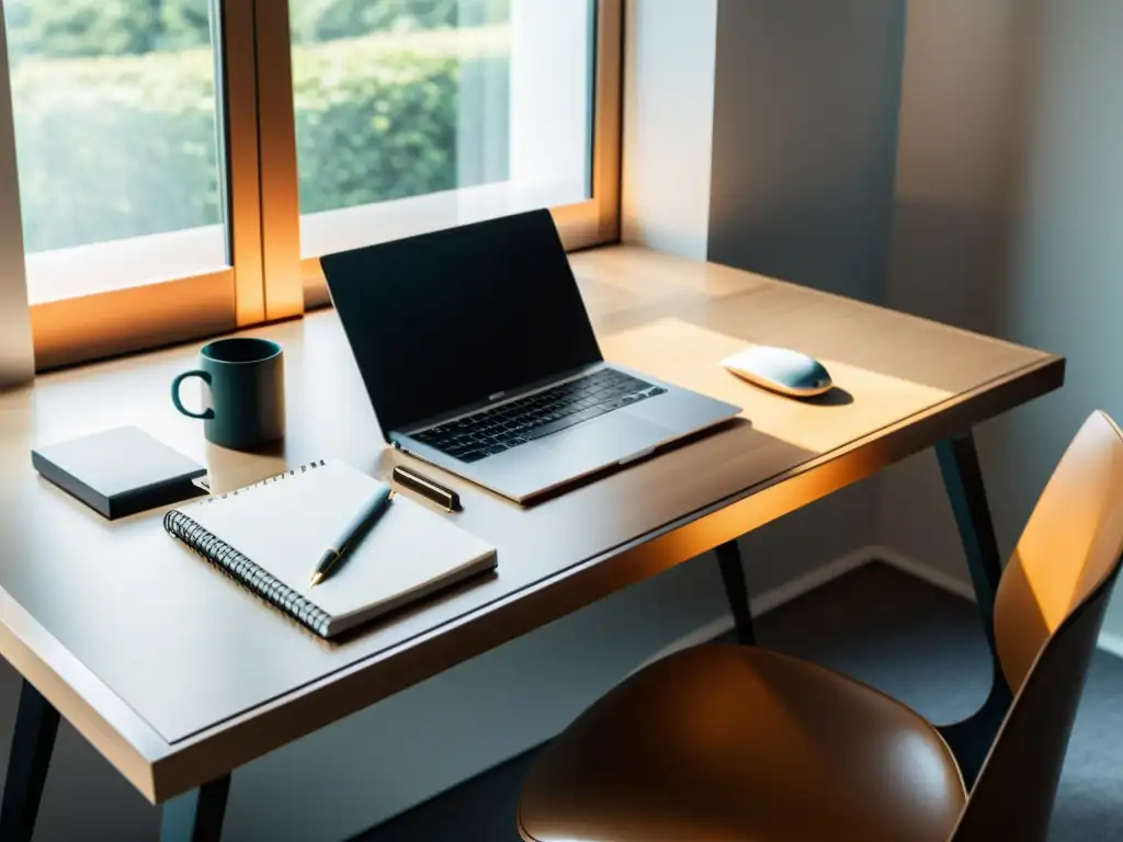 Una mesa de escritorio moderna y minimalista, con laptop, cuaderno y elegante set de plumas, bañada por luz natural