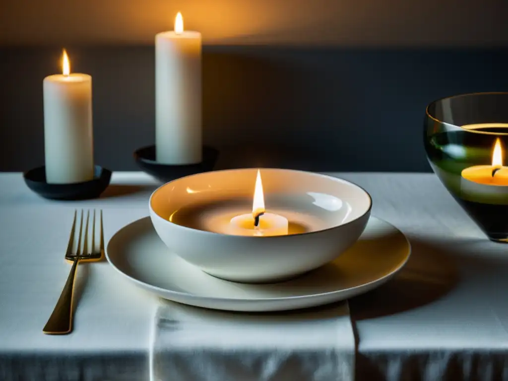 Una mesa sencilla con vajilla blanca, una vela encendida y un vaso de agua, evocando el minimalismo narrativo de Raymond Carver