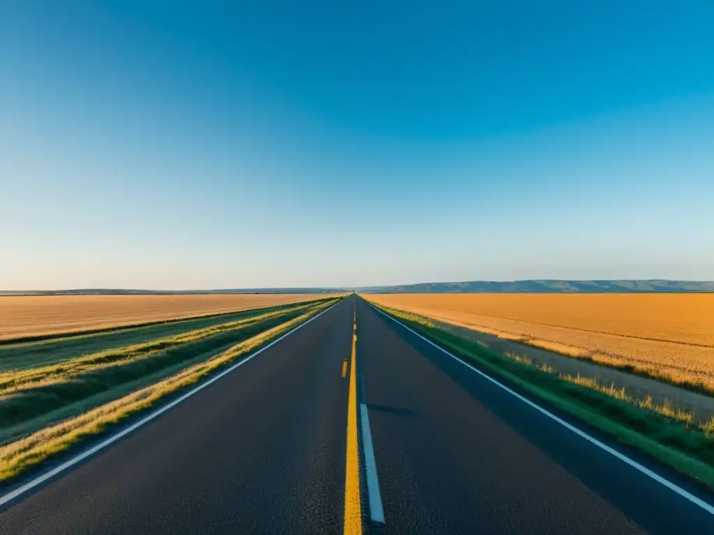 Una metáfora del viaje en el camino: un paisaje de carretera abierta, campos interminables y un cielo azul vibrante al atardecer