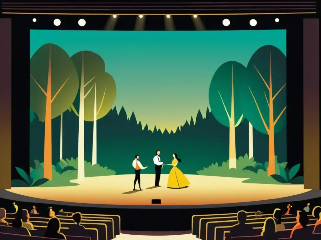 Metateatralidad en Sueño de verano: Ilustración minimalista de un escenario teatral con actores ensayando escenas de Shakespeare en un bosque evocador