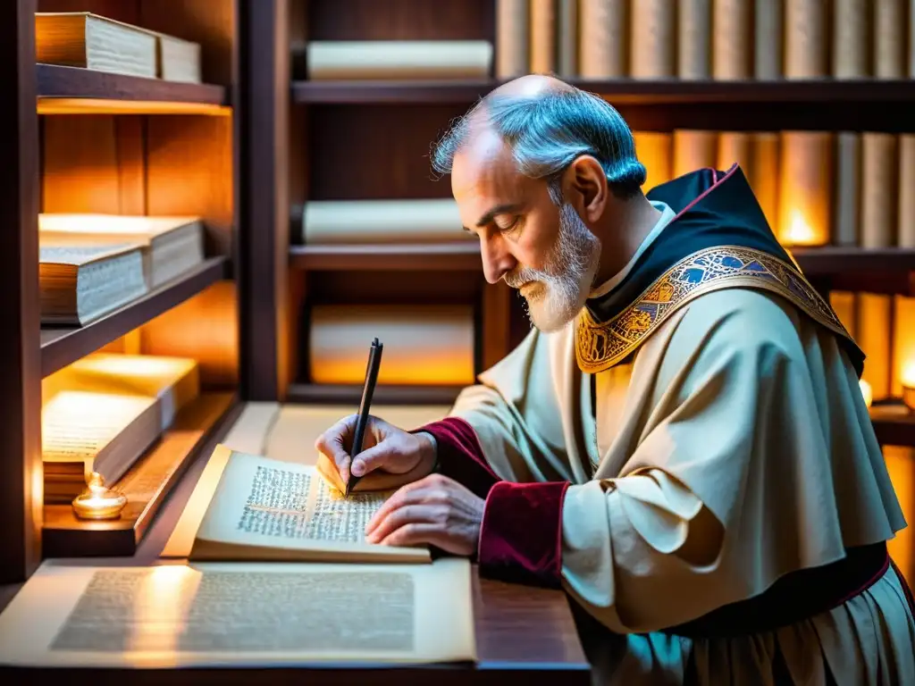 Un meticuloso escriba carolingio transcribe un manuscrito a mano en un scriptorium, reflejando la artesanía literaria del renacimiento carolingio