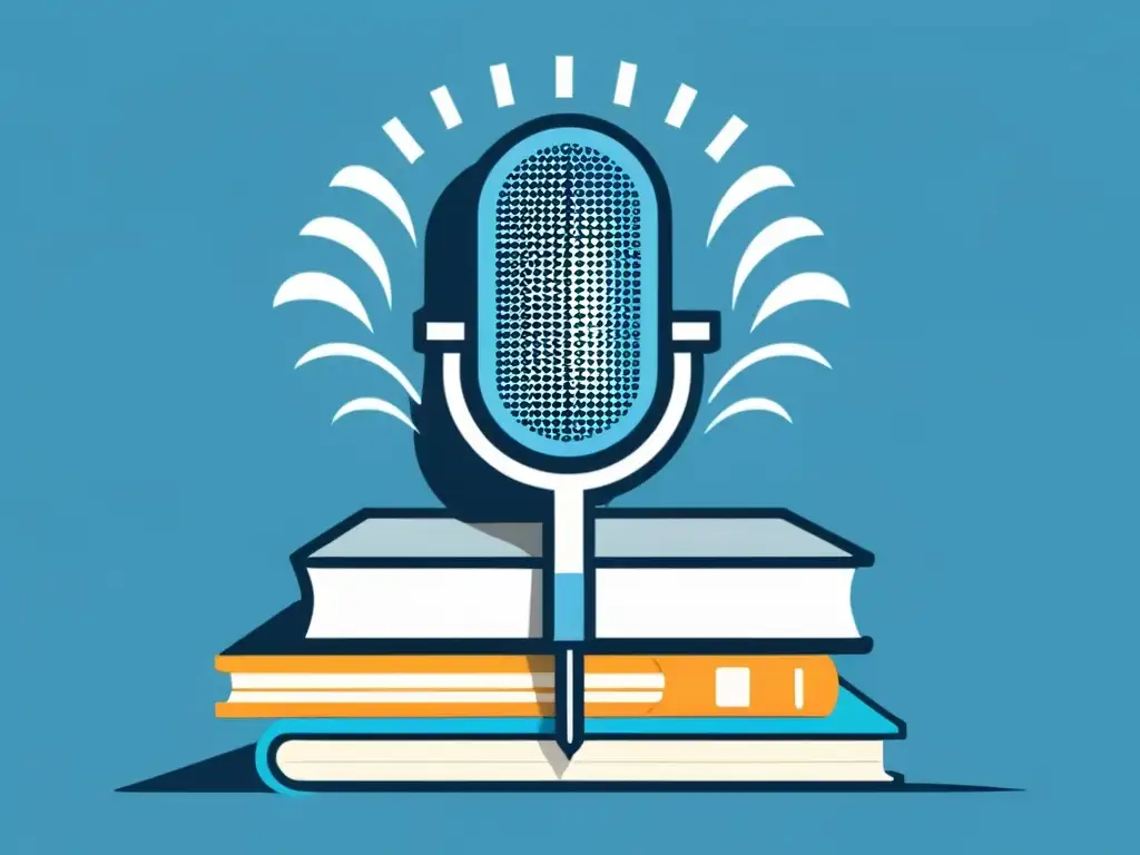 Un micrófono de podcast moderno sobre libros, rodeado de iconos de audiolibros y símbolos literarios en tonos azules y grises