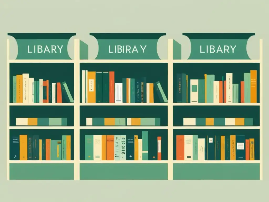 Minimalista ilustración de una biblioteca con subgéneros literarios formas narrar organizados en estantes, creando una atmósfera serena y ordenada