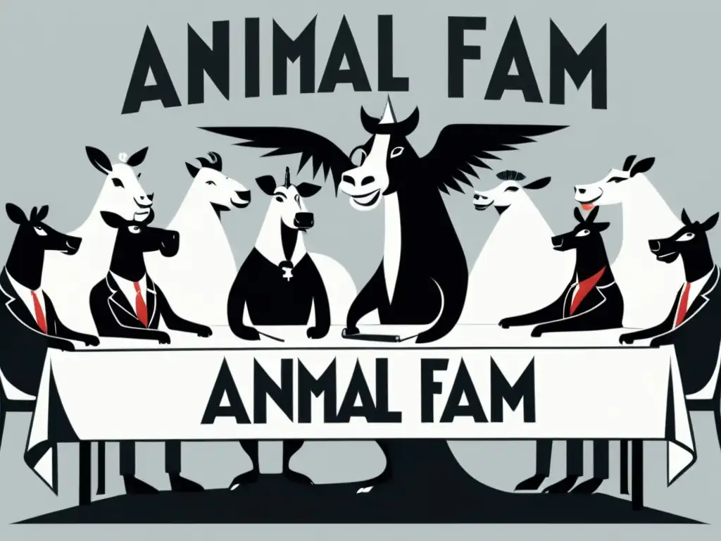 Ilustración minimalista en blanco y negro de animales antropomórficos debatiendo en 'Animal Farm'