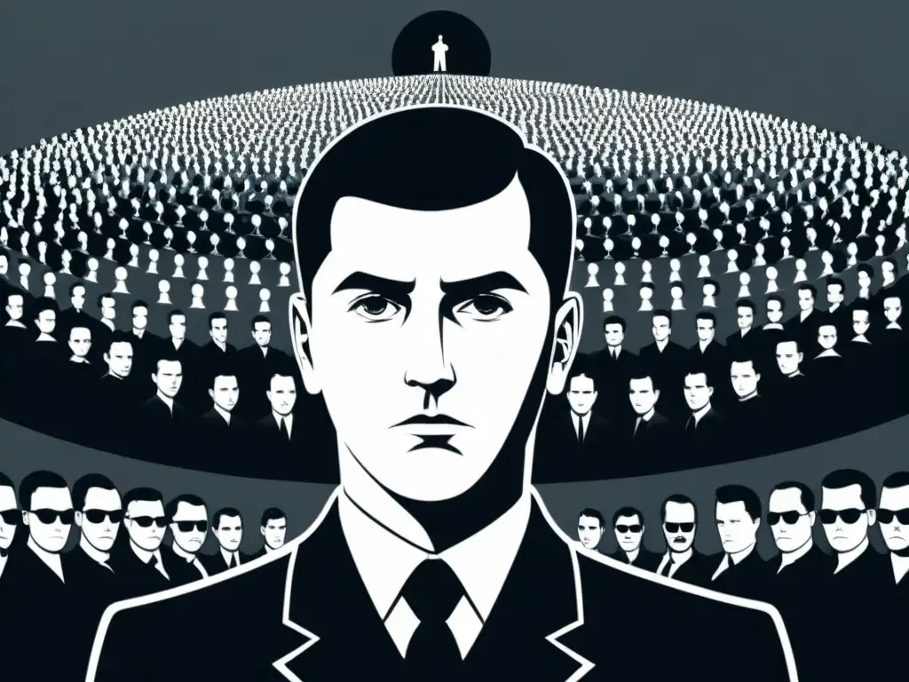 Ilustración minimalista 8k en blanco y negro de Big Brother y multitudes uniformadas, reflejando la crítica política en 1984 Orwell