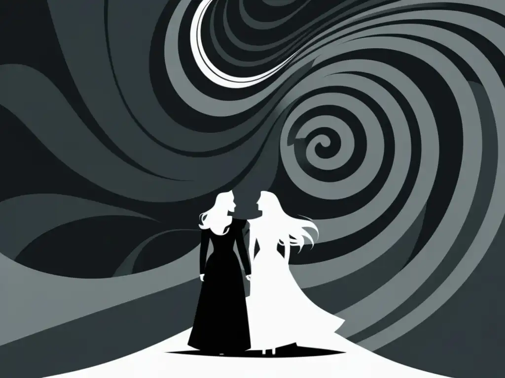 Ilustración minimalista en blanco y negro de Cordelia, Ofelia y King Lear en un paisaje desolado