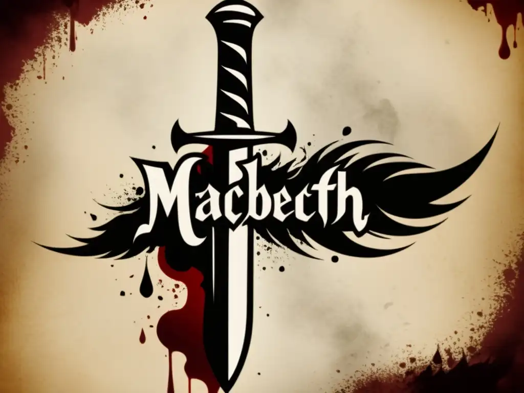 Ilustración de daga siniestra con 'Macbeth' y 'ironía dramática' Ilustración minimalista en blanco y negro de una daga siniestra medio oculta entre las sombras, con una gota de sangre cayendo sobre un pergamino que dice 'Macbeth' y 'ironía dramática' en caligrafía elegante, rodeada de humo