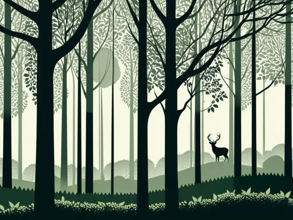 Ilustración minimalista en blanco y negro de un denso bosque con detalles intrincados de árboles, hojas y vida silvestre