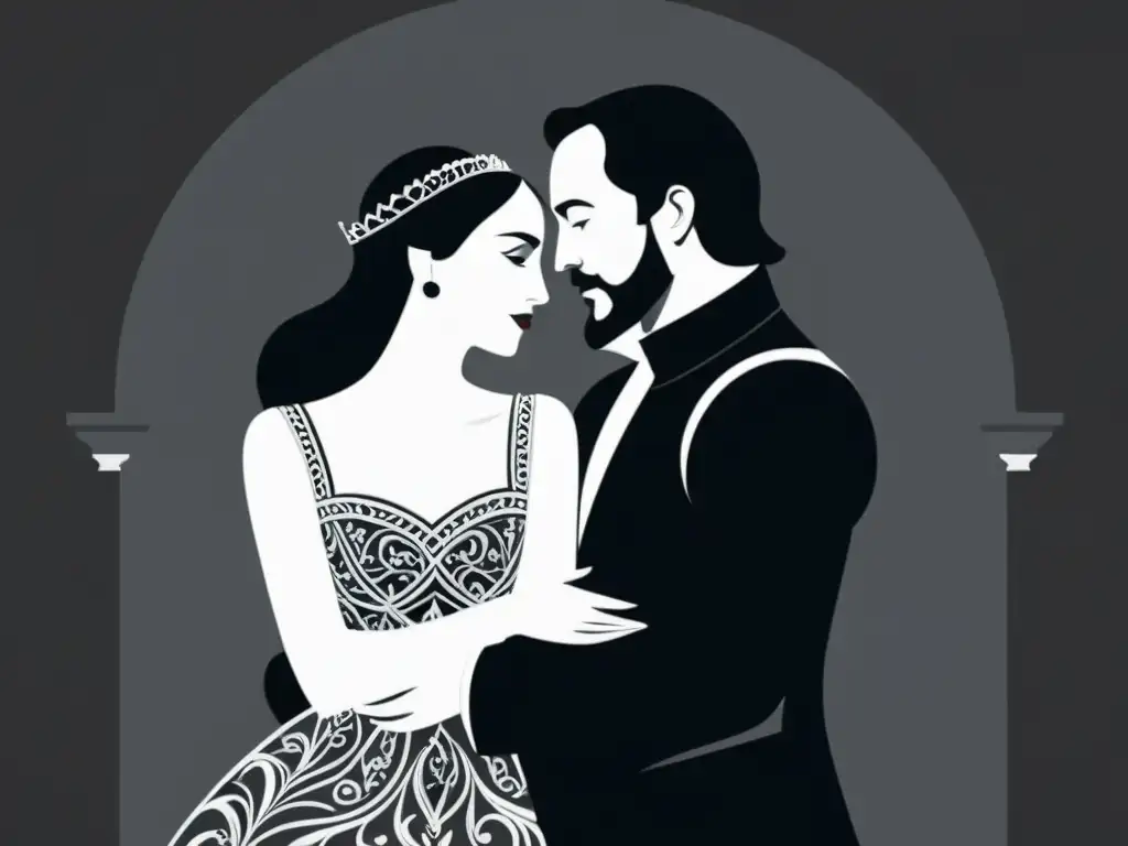 Ilustración minimalista en blanco y negro de una escena dramática de Shakespeare, con infidelidad en las tramas de Shakespeare