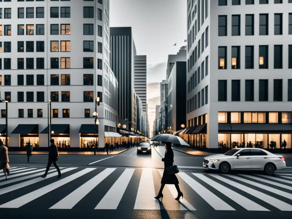 Ilustración minimalista en blanco y negro de una escena urbana al atardecer, con edificios altos proyectando largas sombras y personas caminando con paraguas, capturando la belleza de la vida cotidiana en el paisaje urbano con realismo en la poesía Baudelaire