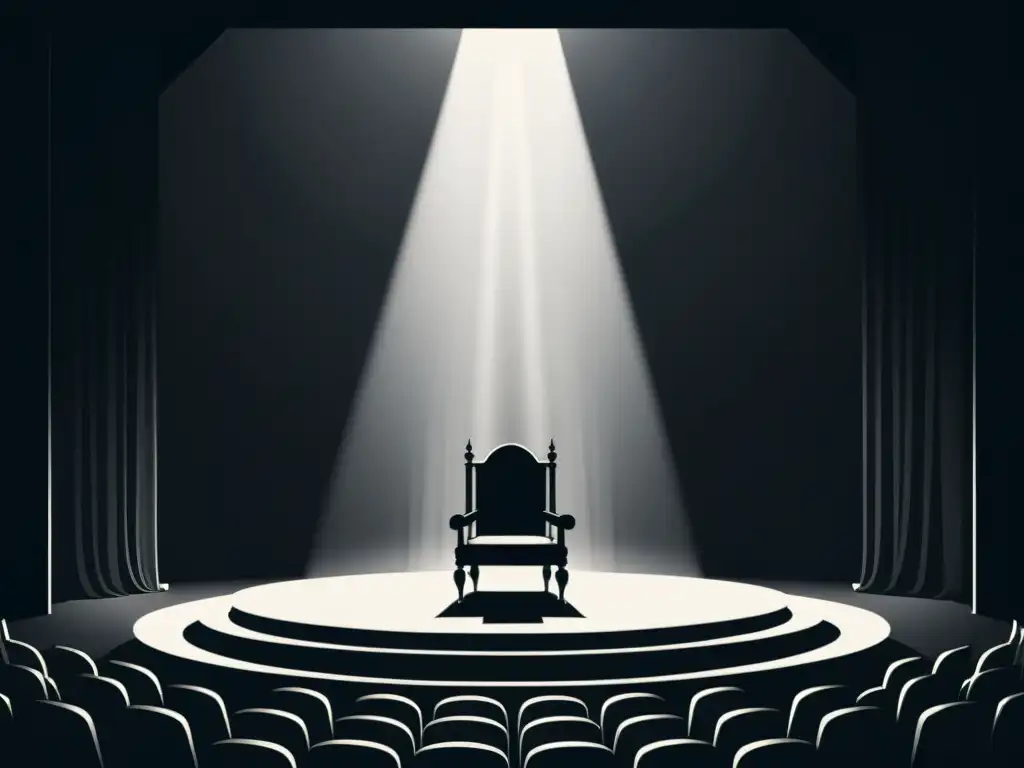 Un ilustración minimalista en blanco y negro de un escenario teatral con un foco iluminando un trono solitario