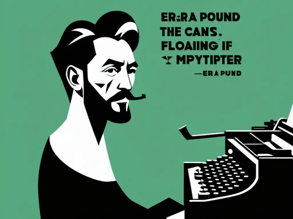 Ilustración minimalista en blanco y negro de Ezra Pound rodeado de palabras e imágenes flotantes que evocan el concepto de El Imaginismo de Ezra Pound