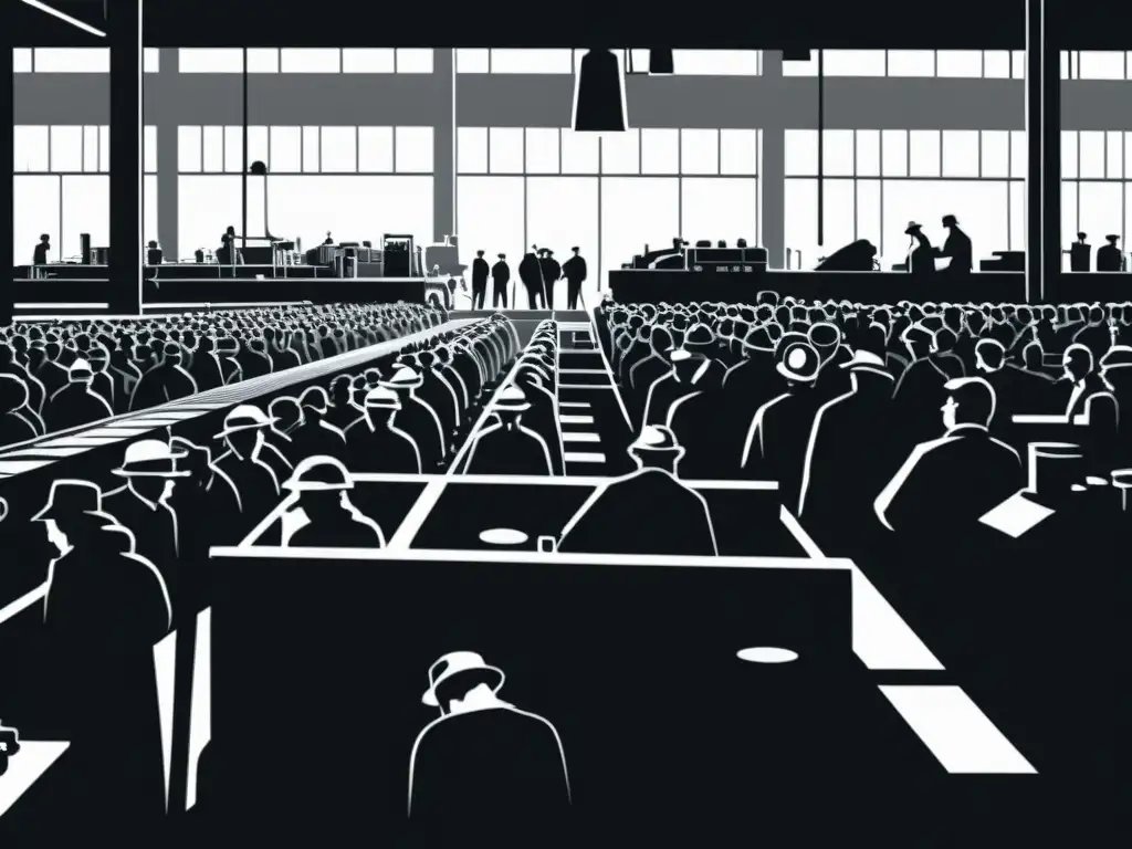 Ilustración minimalista en blanco y negro de una fábrica abarrotada durante la Revolución Industrial en la Literatura, con trabajadores operando maquinaria bajo una iluminación dura y opresiva