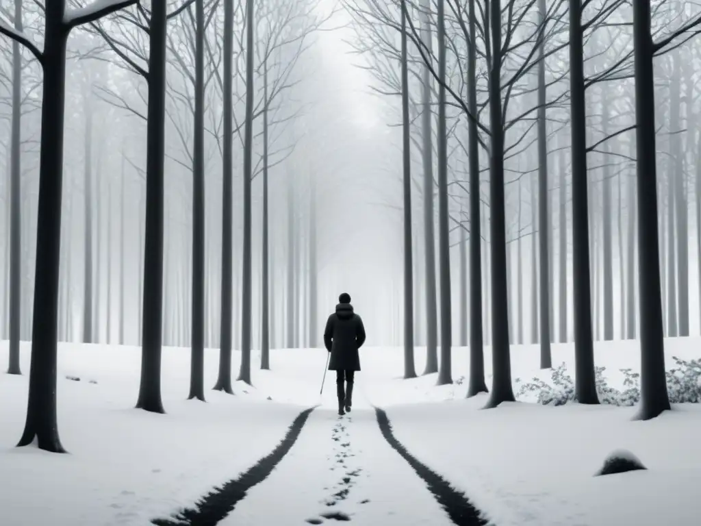 Ilustración minimalista en blanco y negro de una figura solitaria caminando en un bosque nevado