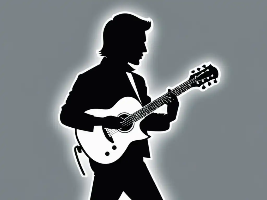 Ilustración minimalista en blanco y negro de una guitarra con la silueta de una figura rebelde, simbolizando la fusión de literatura, rock mexicano y rebeldía en la Onda