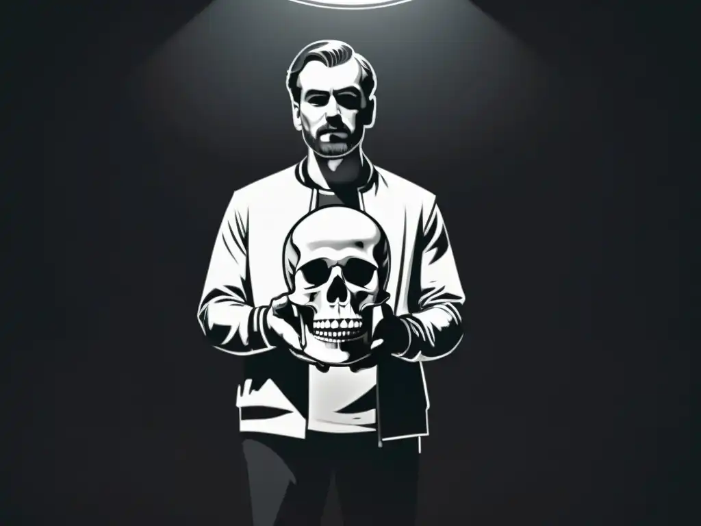 Representación minimalista en blanco y negro de Hamlet sosteniendo un cráneo en un escenario oscuro iluminado