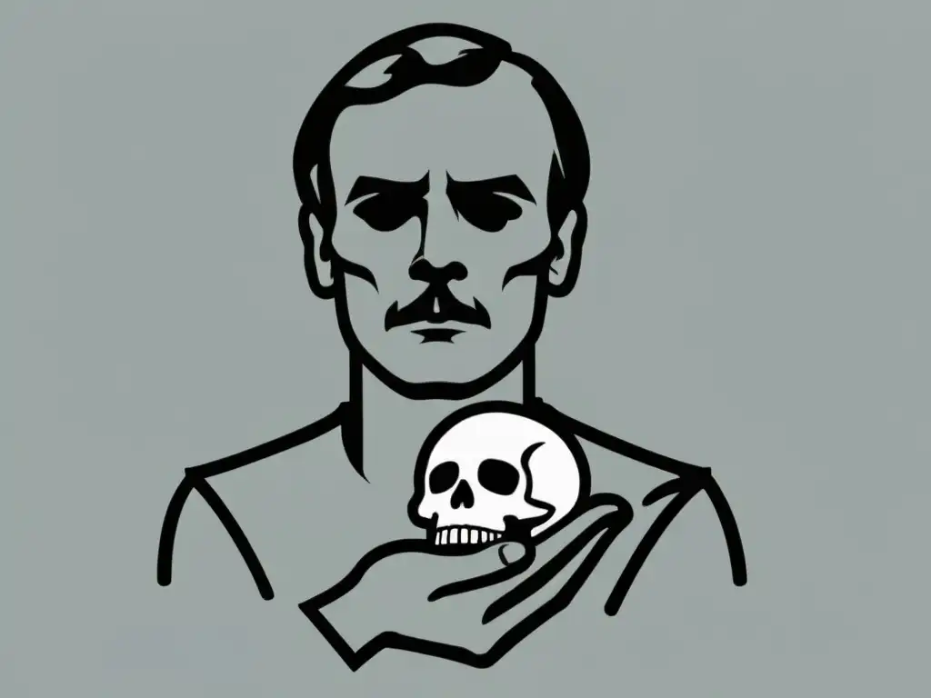 Ilustración minimalista en blanco y negro de Hamlet sosteniendo un cráneo, reflejando introspección y profundidad