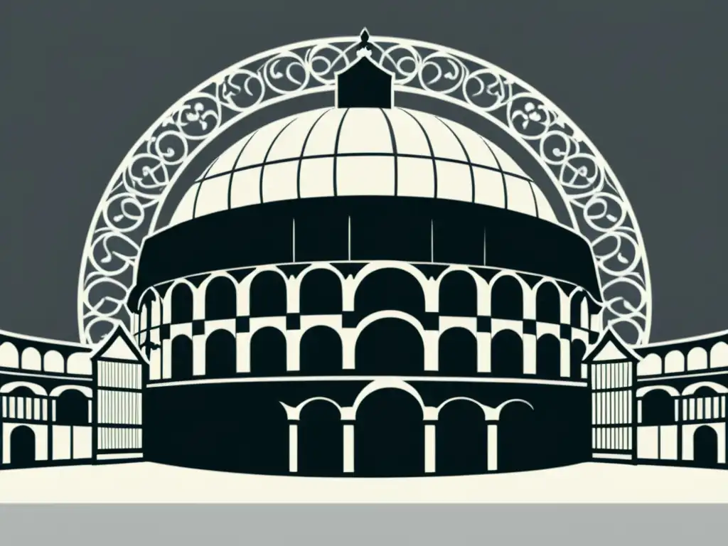 Ilustración minimalista en blanco y negro del icónico Teatro Globe de Shakespeare, con influencia italiana en obras teatrales