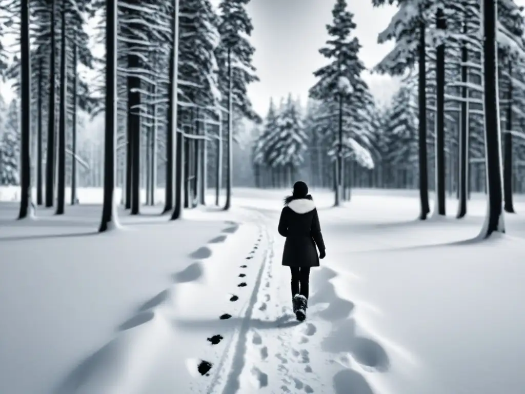 Ilustración minimalista en blanco y negro de una joven caminando sola en un bosque nevado, evocando la atmósfera inquietante de 'La chica de la nieve