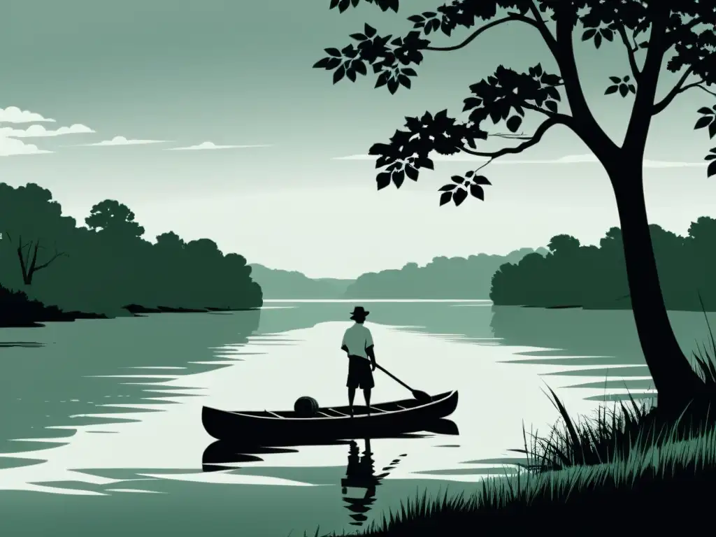 Un ilustración minimalista en blanco y negro de Huckleberry Finn junto al río Mississippi, evocando el bildungsroman en literatura