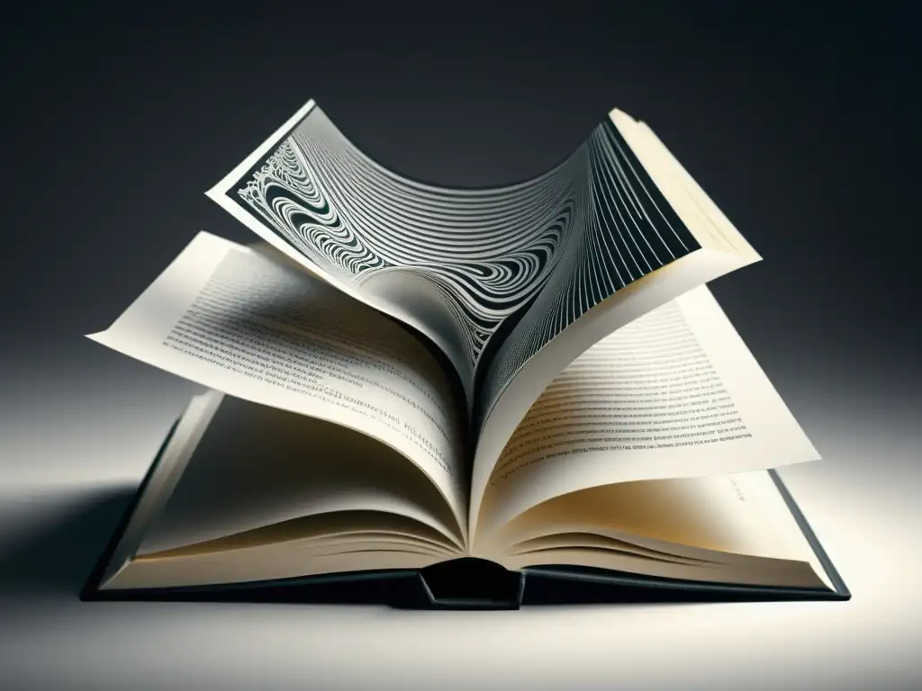 Ilustración minimalista en blanco y negro de un libro abierto con patrones intrincados y en espiral que crean una sensación de complejidad y narrativa