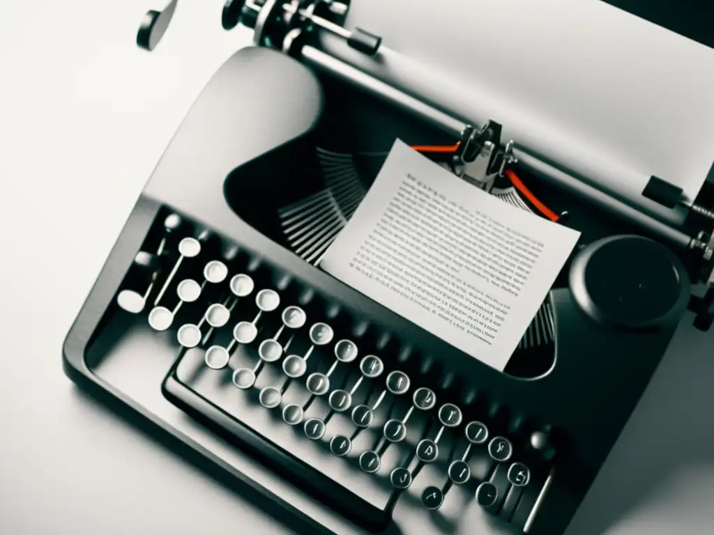 Una fotografía minimalista en blanco y negro de una máquina de escribir y una hoja de papel, evocando formas innovadoras de poesía moderna