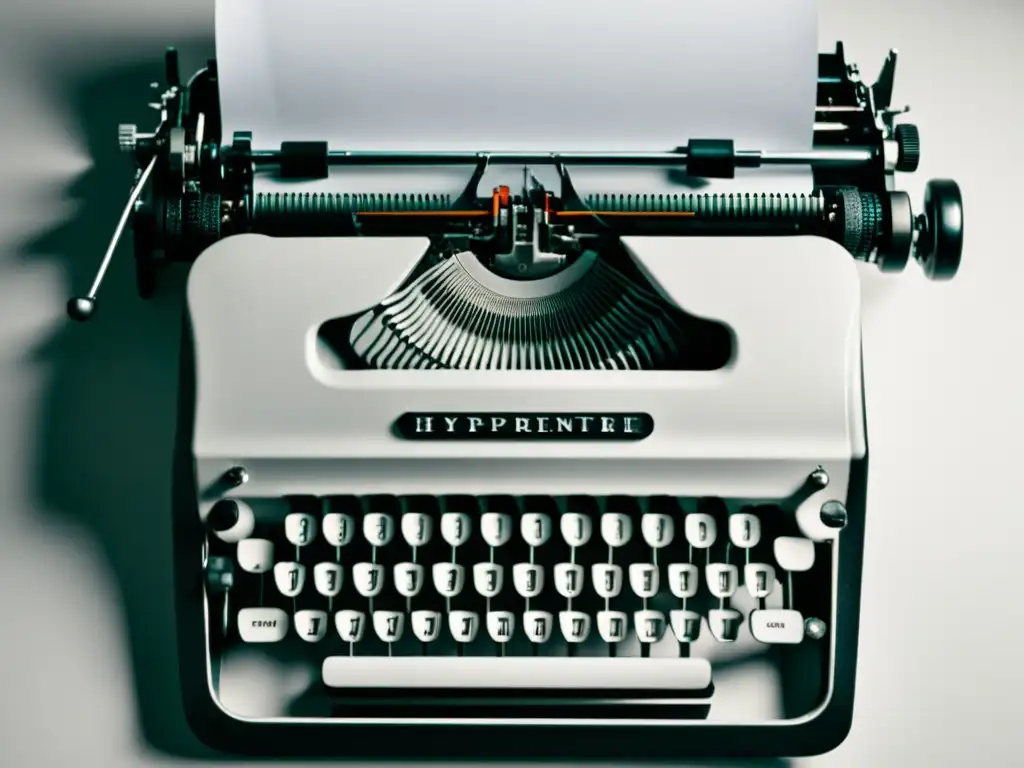 Una fotografía minimalista en blanco y negro de una máquina de escribir con una hoja en blanco, iluminada suavemente