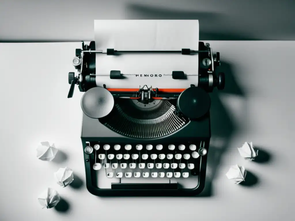 Una fotografía minimalista en blanco y negro de una máquina de escribir con una hoja en blanco, rodeada de bolitas de papel