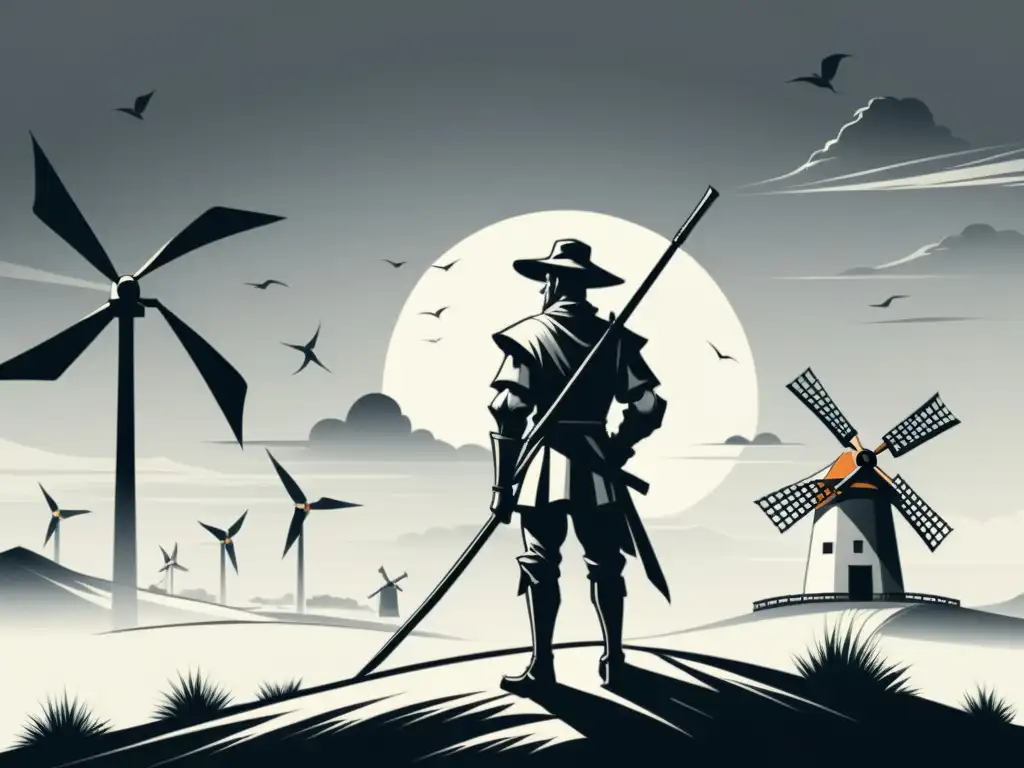 Don Quijote desafiando molinos en ilustración minimalista Ilustración minimalista en blanco y negro de Don Quijote mirando con determinación hacia los molinos de viento